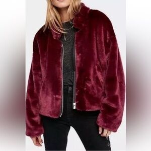 Free People Faux Fur Burgundy Bomber Jacket
Size M